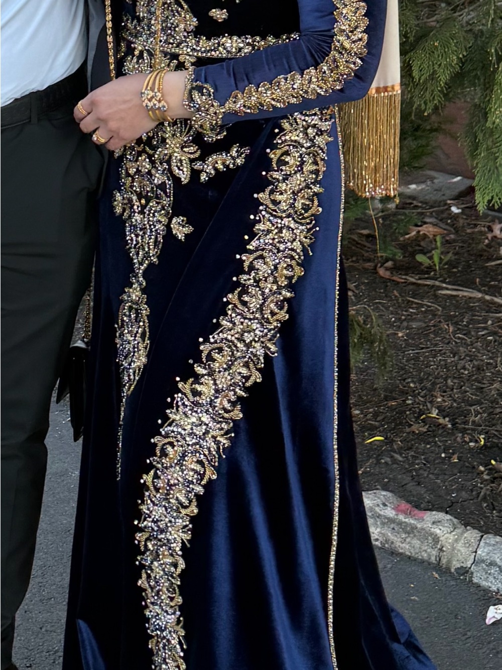 Custom designed Navy Velvet Evening Gown with Gold Beading